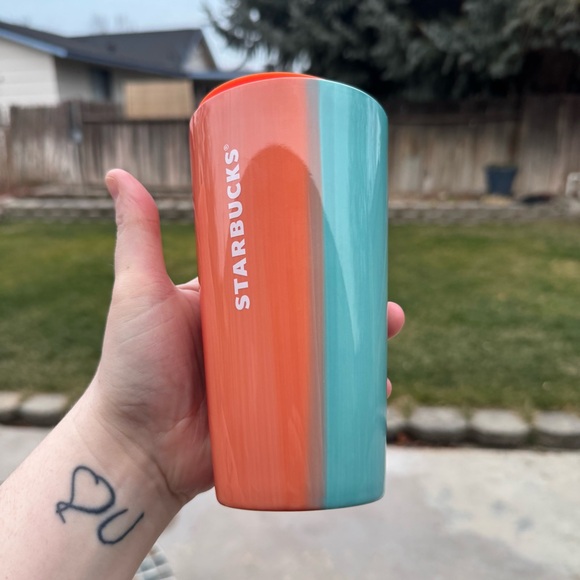 Starbucks Watercolor Tropical Sunset Ombre Ceramic Tumbler Cup 12 oz Orange Teal - Picture 7 of 11